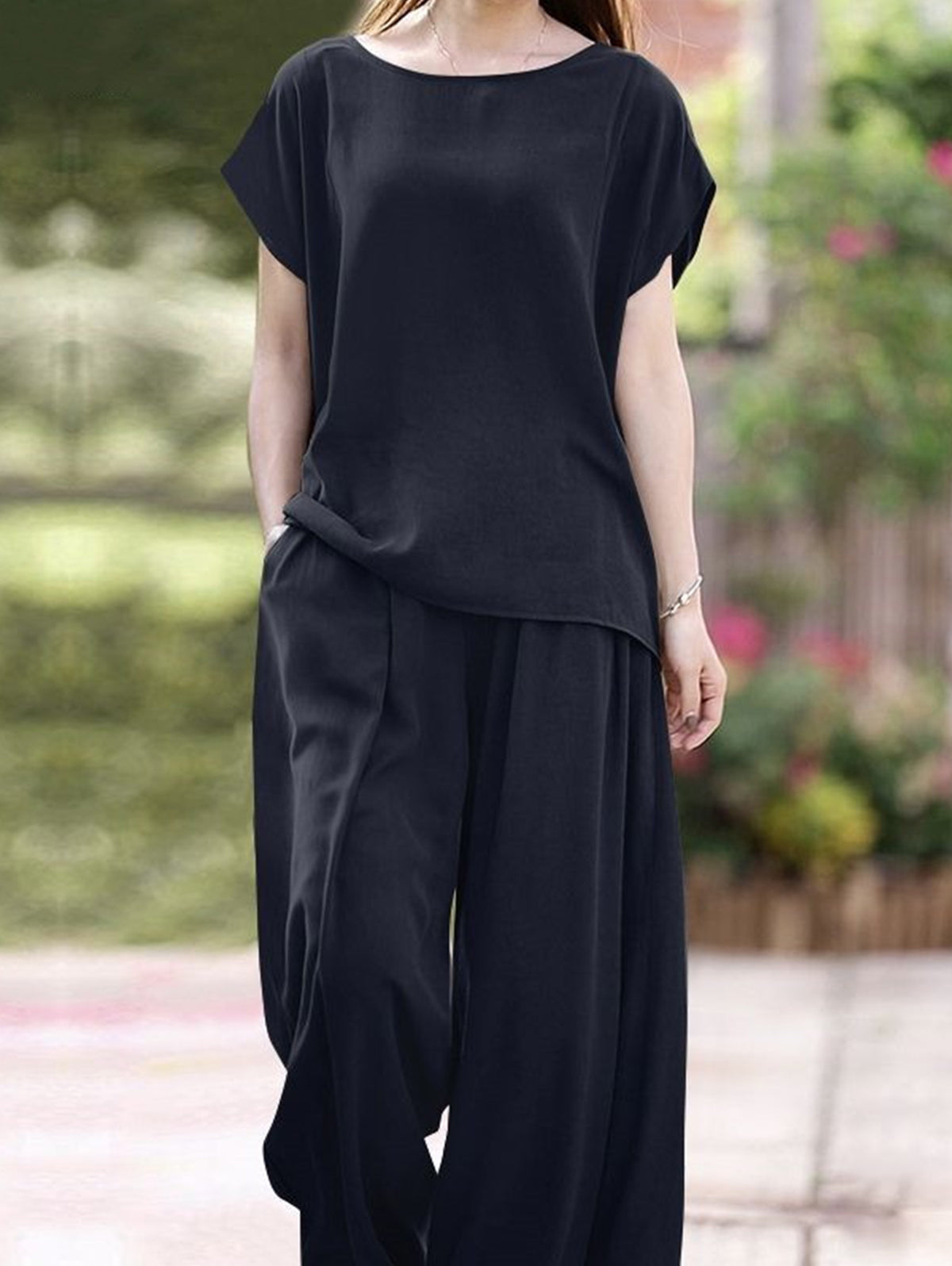 Conjunto de 2 Peças de Camisa de Manga Curta Lisa Minimalista e Calças de Perna Larga