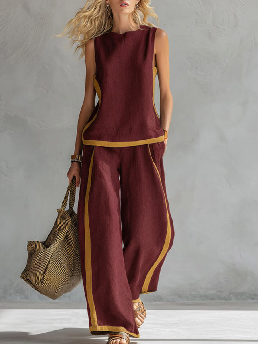 Conjunto de Top Casual Sem Mangas com Decote Redondo e Calças Largas de Cintura Subida em Algodão e Linho para Mulher.