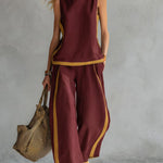 Conjunto de Top Casual Sem Mangas com Decote Redondo e Calças Largas de Cintura Subida em Algodão e Linho para Mulher.