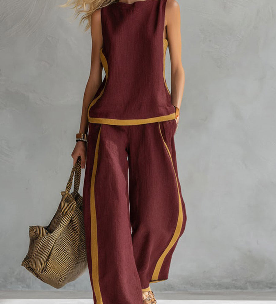 Conjunto de Top Casual Sem Mangas com Decote Redondo e Calças Largas de Cintura Subida em Algodão e Linho para Mulher.