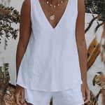 Conjunto de Calções e Top com Decote em V de Linho e Algodão Casual Branco Plus Size