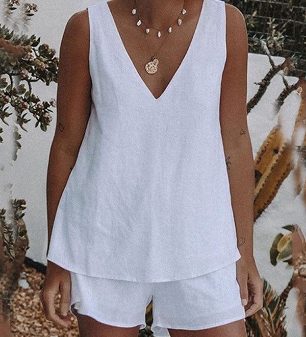Conjunto de Calções e Top com Decote em V de Linho e Algodão Casual Branco Plus Size