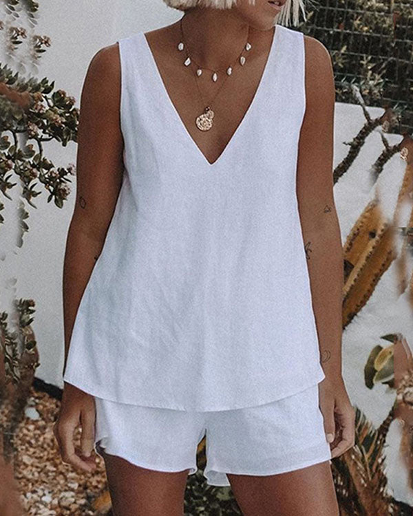 Conjunto de Calções e Top com Decote em V de Linho e Algodão Casual Branco Plus Size