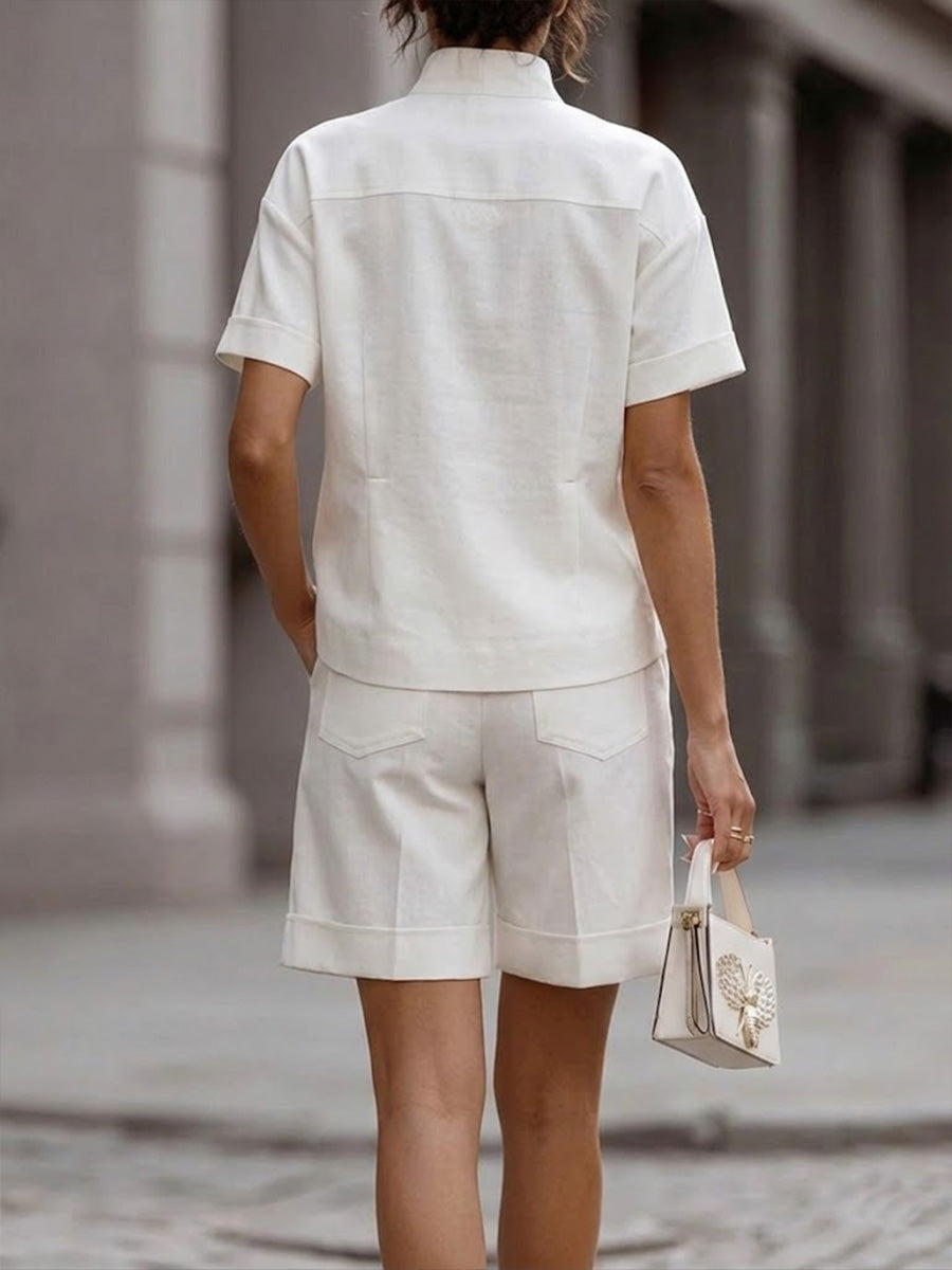 Conjunto de Top e Calções de Algodão e Linho de Corte Largo e Casual para Mulher