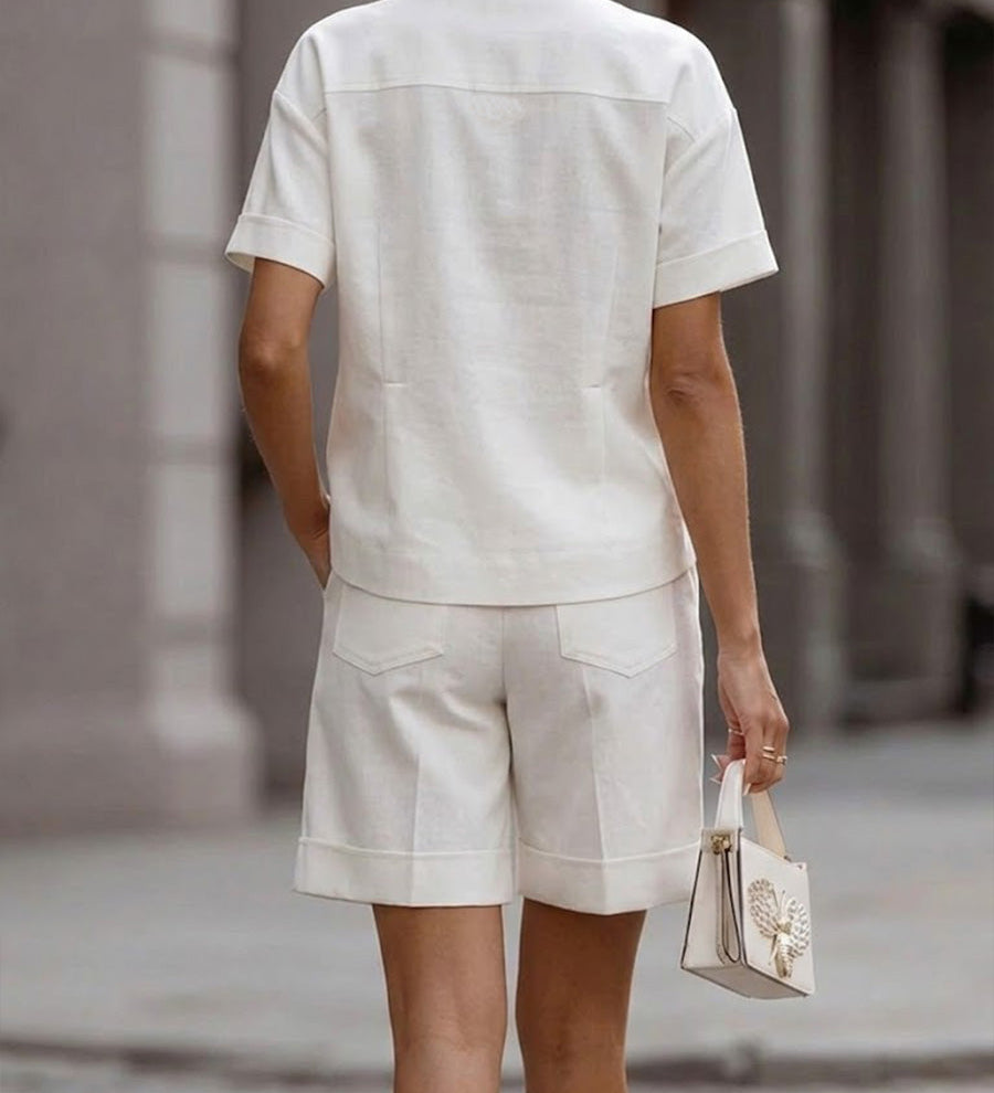 Conjunto de Top e Calções de Algodão e Linho de Corte Largo e Casual para Mulher