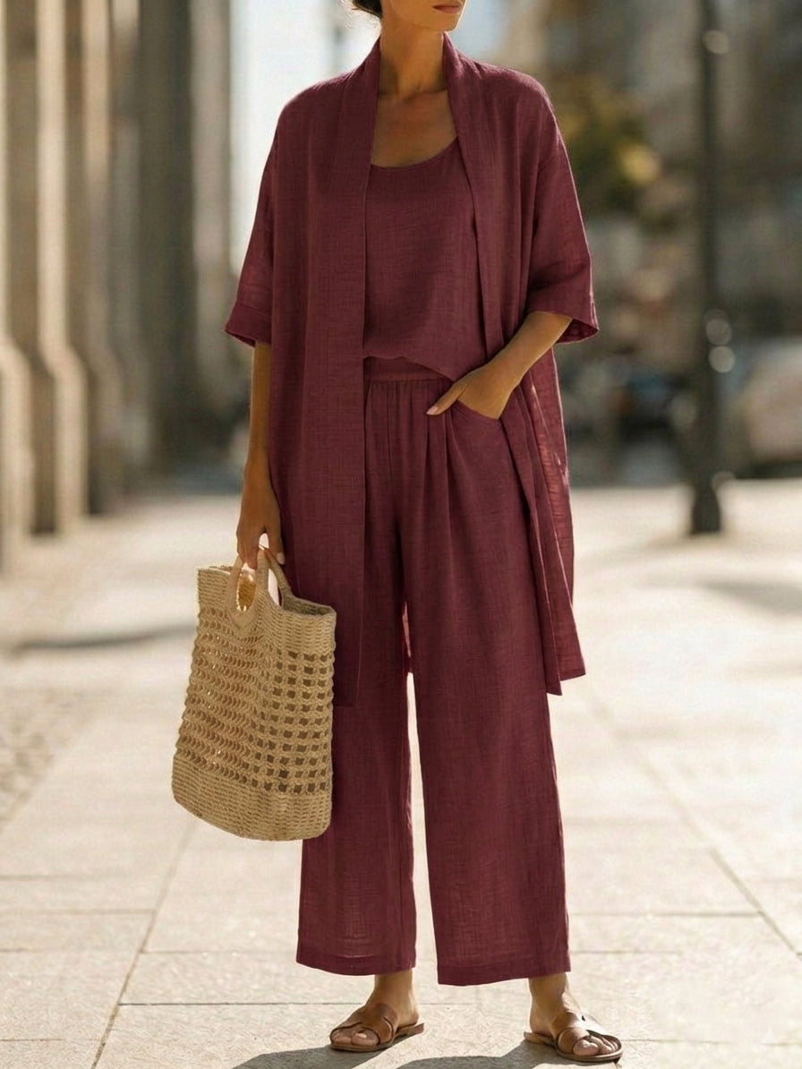 Conjunto de Três Peças em Linho e Algodão Minimalista - Confortável para o Uso Diário