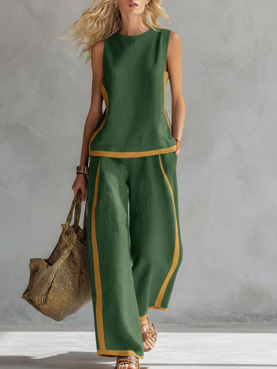 Conjunto de Top Casual Sem Mangas com Decote Redondo e Calças Largas de Cintura Subida em Algodão e Linho para Mulher.