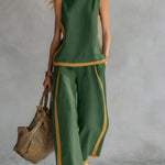 Conjunto de Top Casual Sem Mangas com Decote Redondo e Calças Largas de Cintura Subida em Algodão e Linho para Mulher.