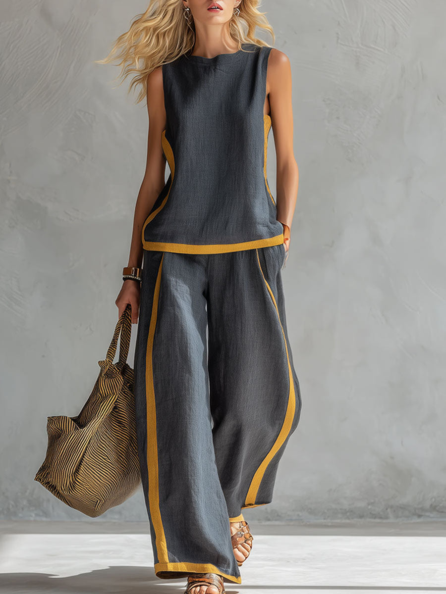 Conjunto de Top Casual Sem Mangas com Decote Redondo e Calças Largas de Cintura Subida em Algodão e Linho para Mulher.