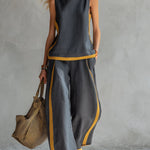 Conjunto de Top Casual Sem Mangas com Decote Redondo e Calças Largas de Cintura Subida em Algodão e Linho para Mulher.