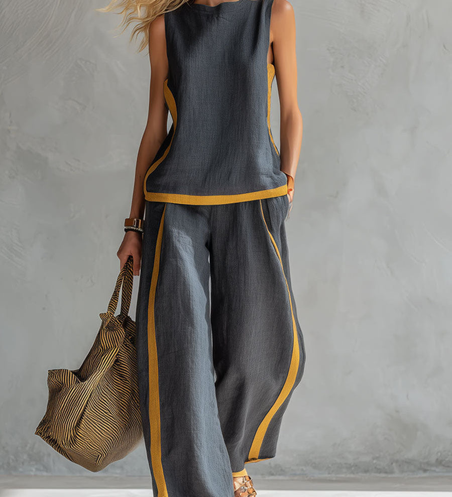 Conjunto de Top Casual Sem Mangas com Decote Redondo e Calças Largas de Cintura Subida em Algodão e Linho para Mulher.