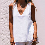 Conjunto de Calções e Top com Decote em V de Linho e Algodão Casual Branco Plus Size
