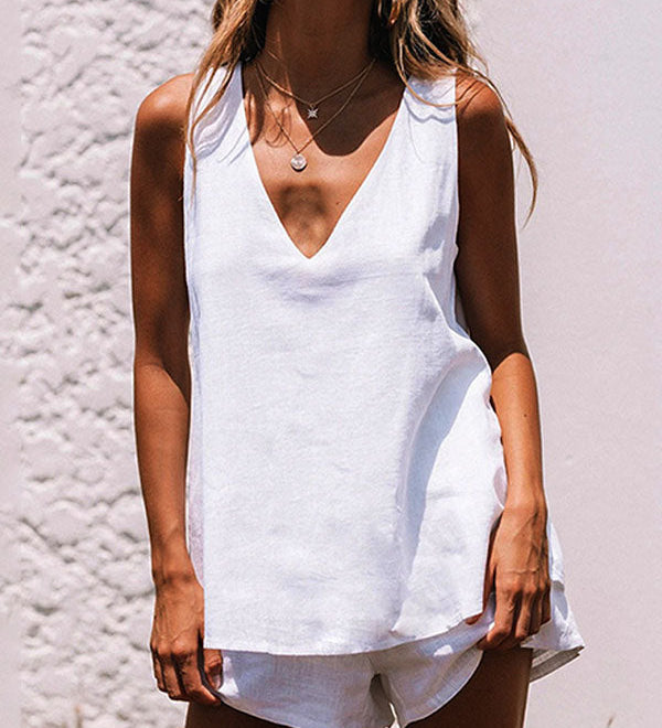 Conjunto de Calções e Top com Decote em V de Linho e Algodão Casual Branco Plus Size