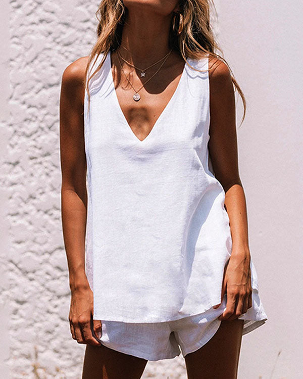 Conjunto de Calções e Top com Decote em V de Linho e Algodão Casual Branco Plus Size