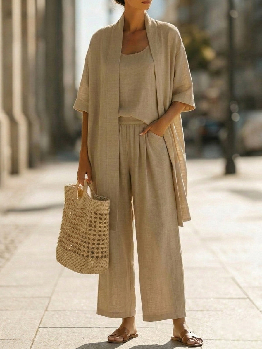 Conjunto de Três Peças em Linho e Algodão Minimalista - Confortável para o Uso Diário