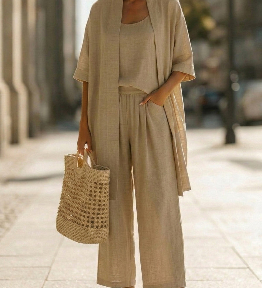 Conjunto de Três Peças em Linho e Algodão Minimalista - Confortável para o Uso Diário