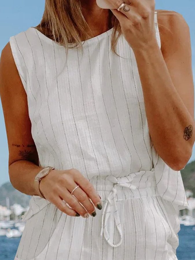 Conjunto de Calções de Algodão e Linho às Riscas Casual para Mulher