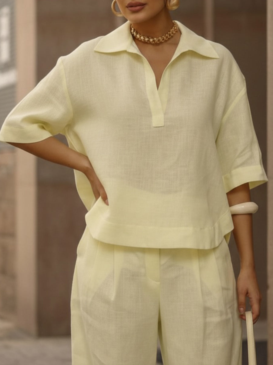 Conjunto de Duas Peças de Camisa e Calças de Perna Larga em Linho e Algodão Casual para Mulher