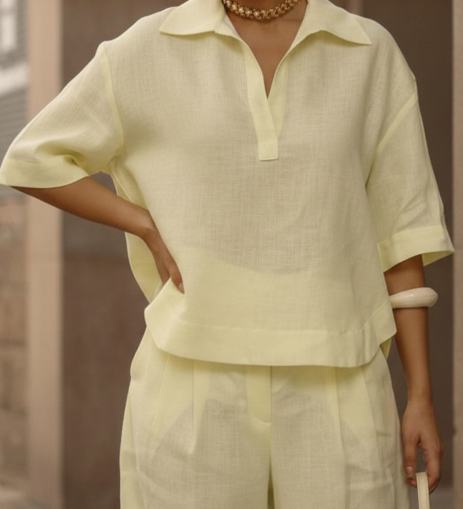 Conjunto de Duas Peças de Camisa e Calças de Perna Larga em Linho e Algodão Casual para Mulher
