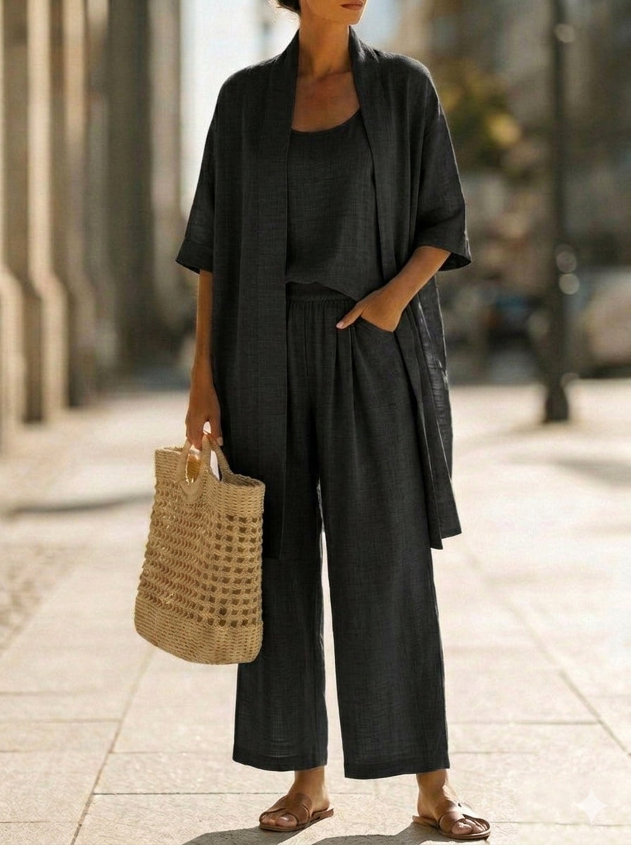Conjunto de Três Peças em Linho e Algodão Minimalista - Confortável para o Uso Diário