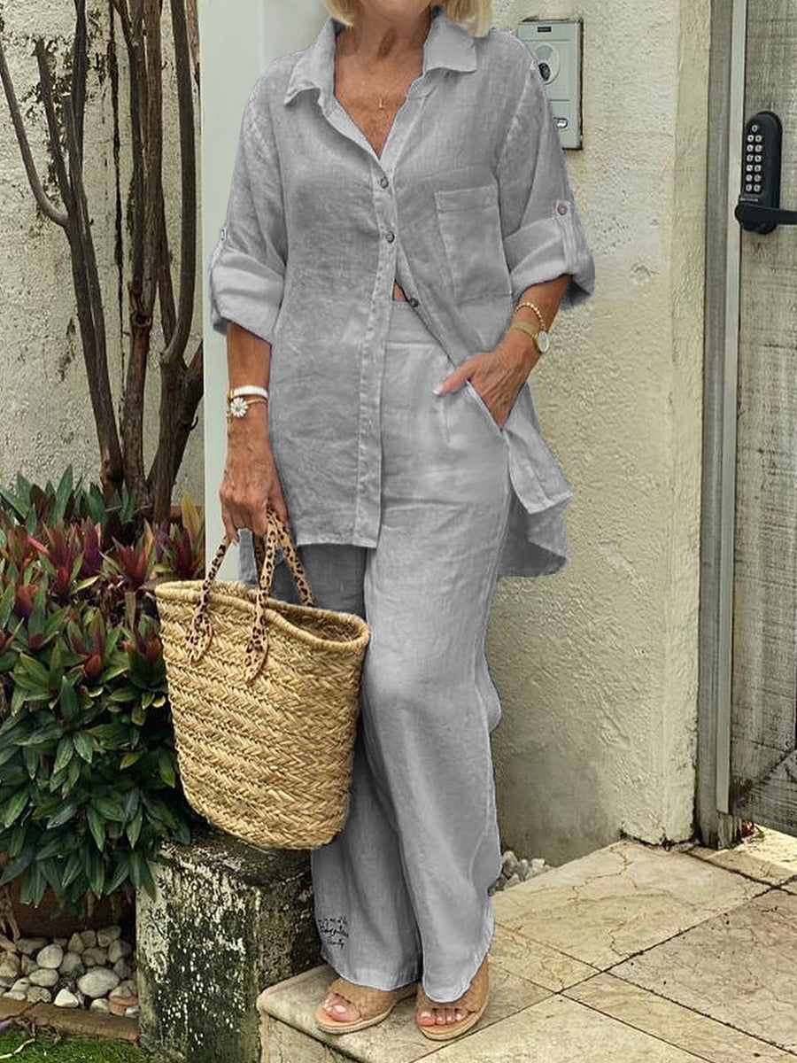 Conjunto de Duas Peças de Camisa e Calças de Cor Sólida