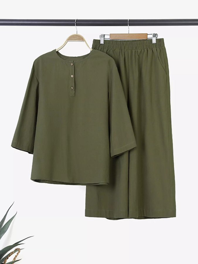 Conjunto Casual de Algodão e Linho de Cor Sólida para Mulher