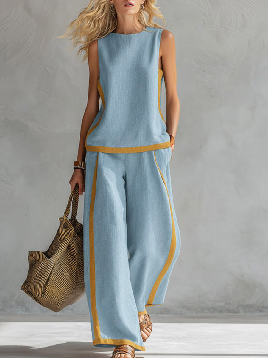 Conjunto de Top Casual Sem Mangas com Decote Redondo e Calças Largas de Cintura Subida em Algodão e Linho para Mulher.