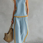 Conjunto de Top Casual Sem Mangas com Decote Redondo e Calças Largas de Cintura Subida em Algodão e Linho para Mulher.
