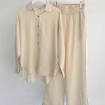 Conjunto de Linho Camisa Casual Calças Elásticas
