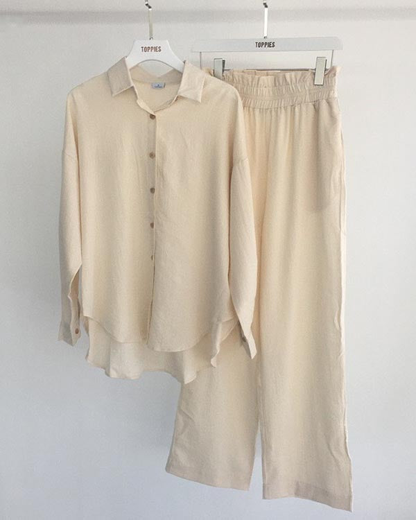 Conjunto de Linho Camisa Casual Calças Elásticas