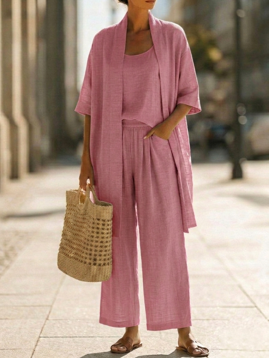 Conjunto de Três Peças em Linho e Algodão Minimalista - Confortável para o Uso Diário