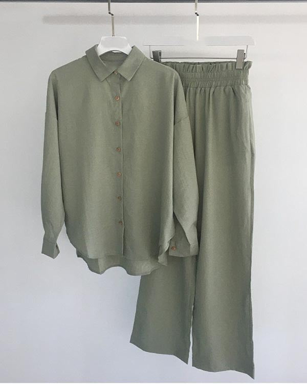 Conjunto de Linho Camisa Casual Calças Elásticas