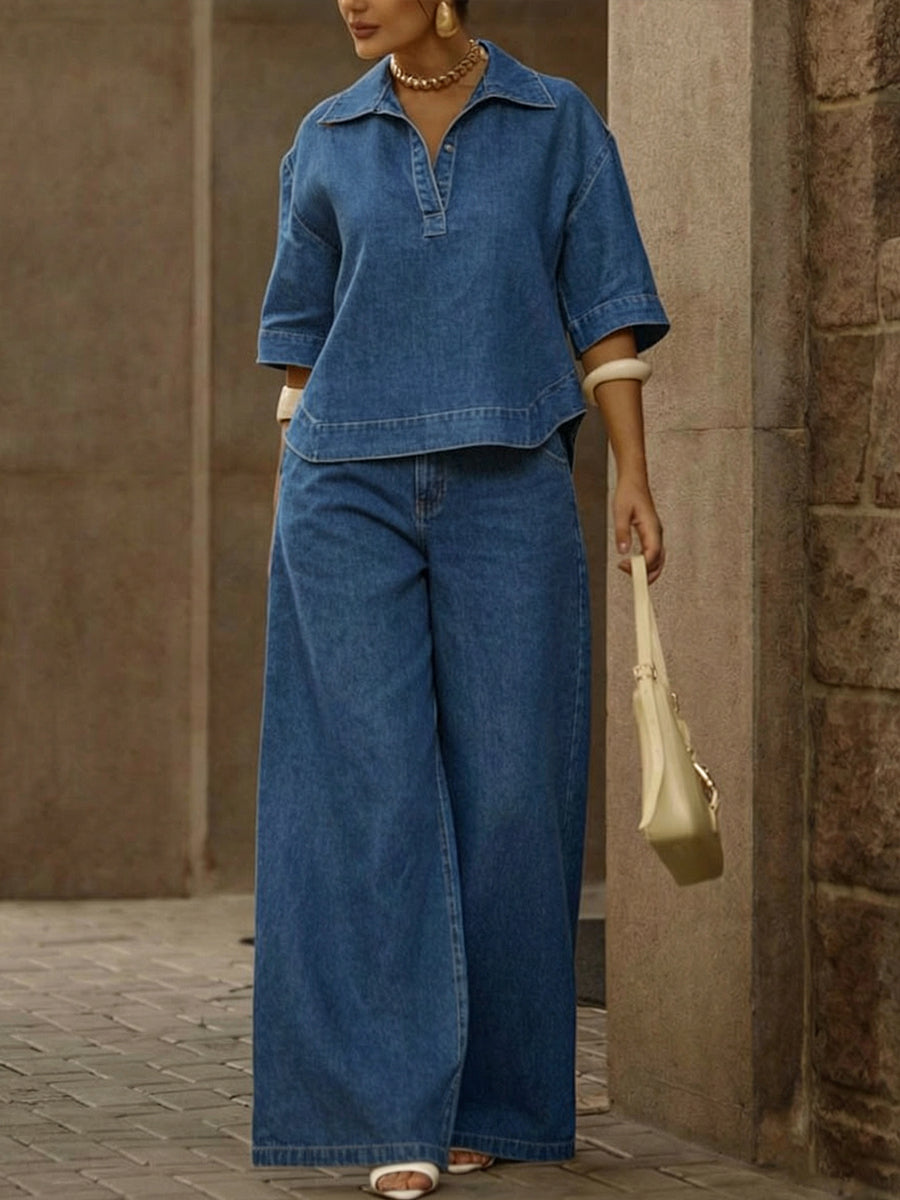 Conjunto de Duas Peças de Top de Ganga 100% Algodão e Calças de Perna Larga Casual para Mulher