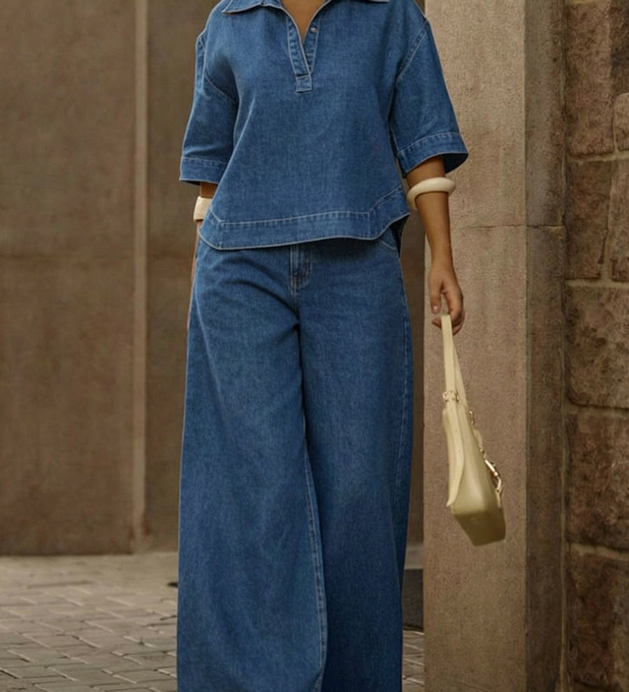 Conjunto de Duas Peças de Top de Ganga 100% Algodão e Calças de Perna Larga Casual para Mulher