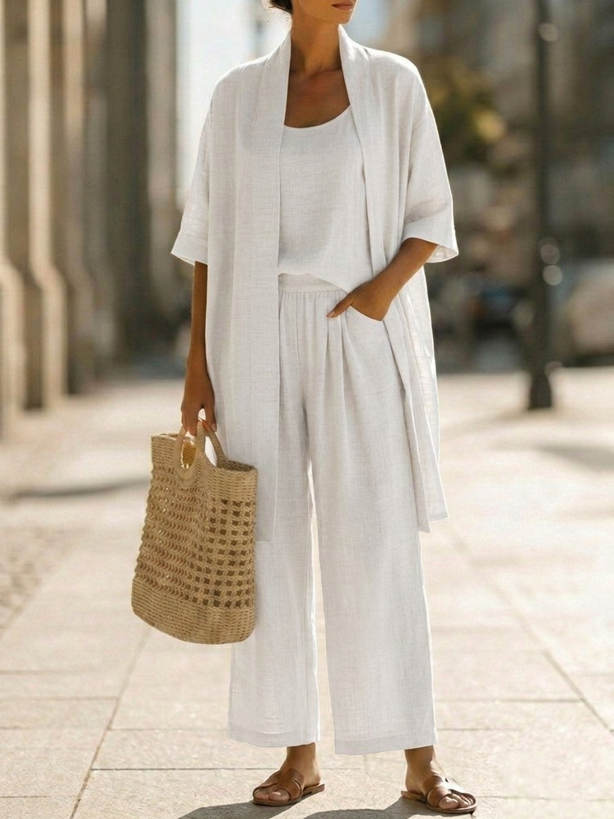 Conjunto de Três Peças em Linho e Algodão Minimalista - Confortável para o Uso Diário