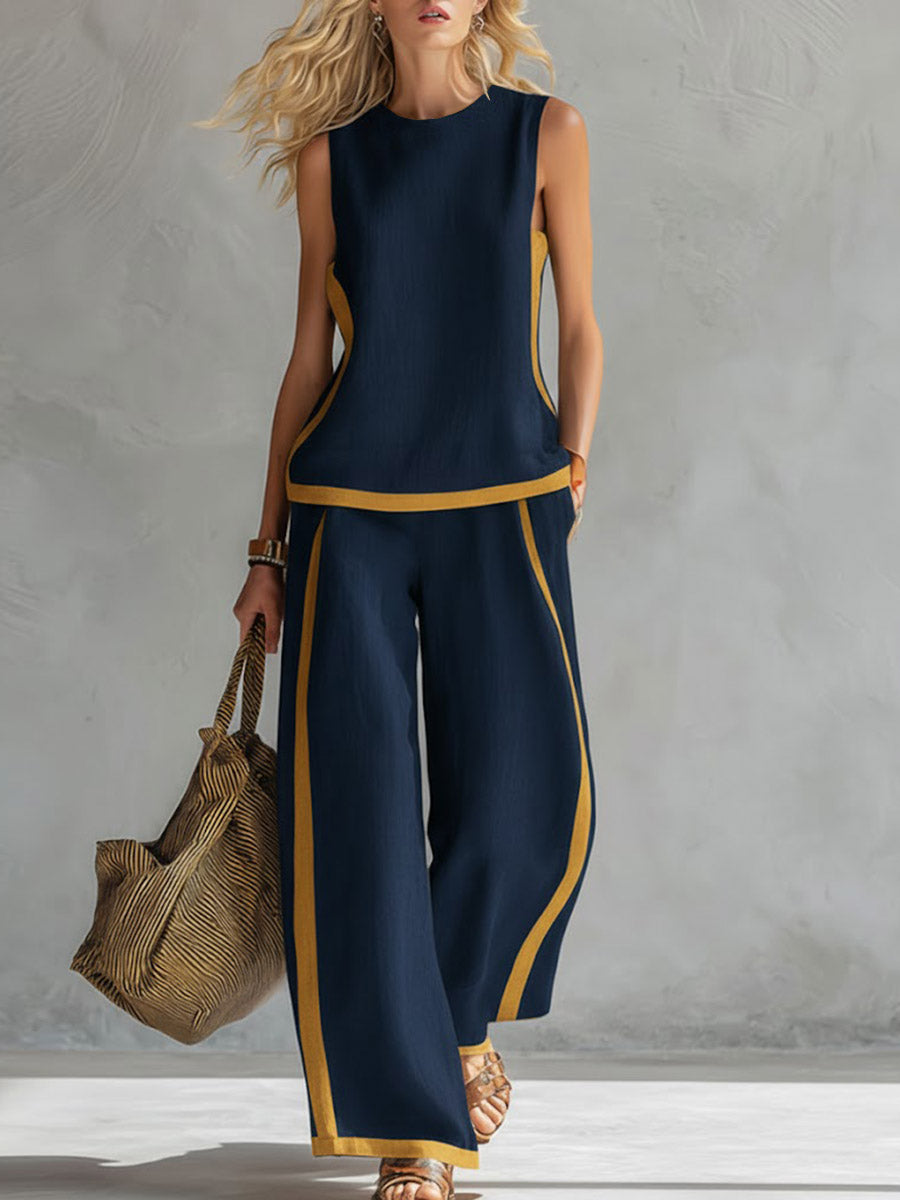 Conjunto de Top Casual Sem Mangas com Decote Redondo e Calças Largas de Cintura Subida em Algodão e Linho para Mulher.