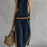 Conjunto de Top Casual Sem Mangas com Decote Redondo e Calças Largas de Cintura Subida em Algodão e Linho para Mulher.